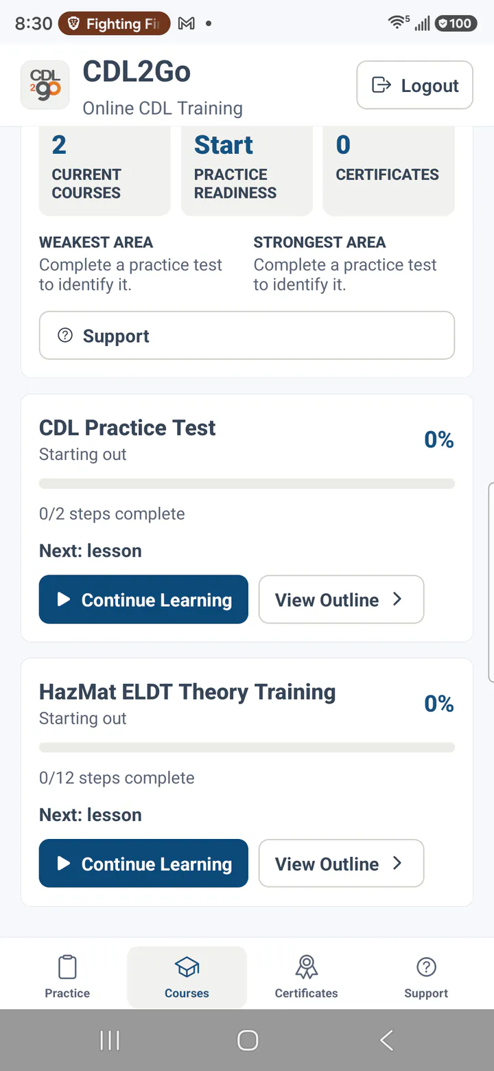 CDL2Go mobile app course list showing available training