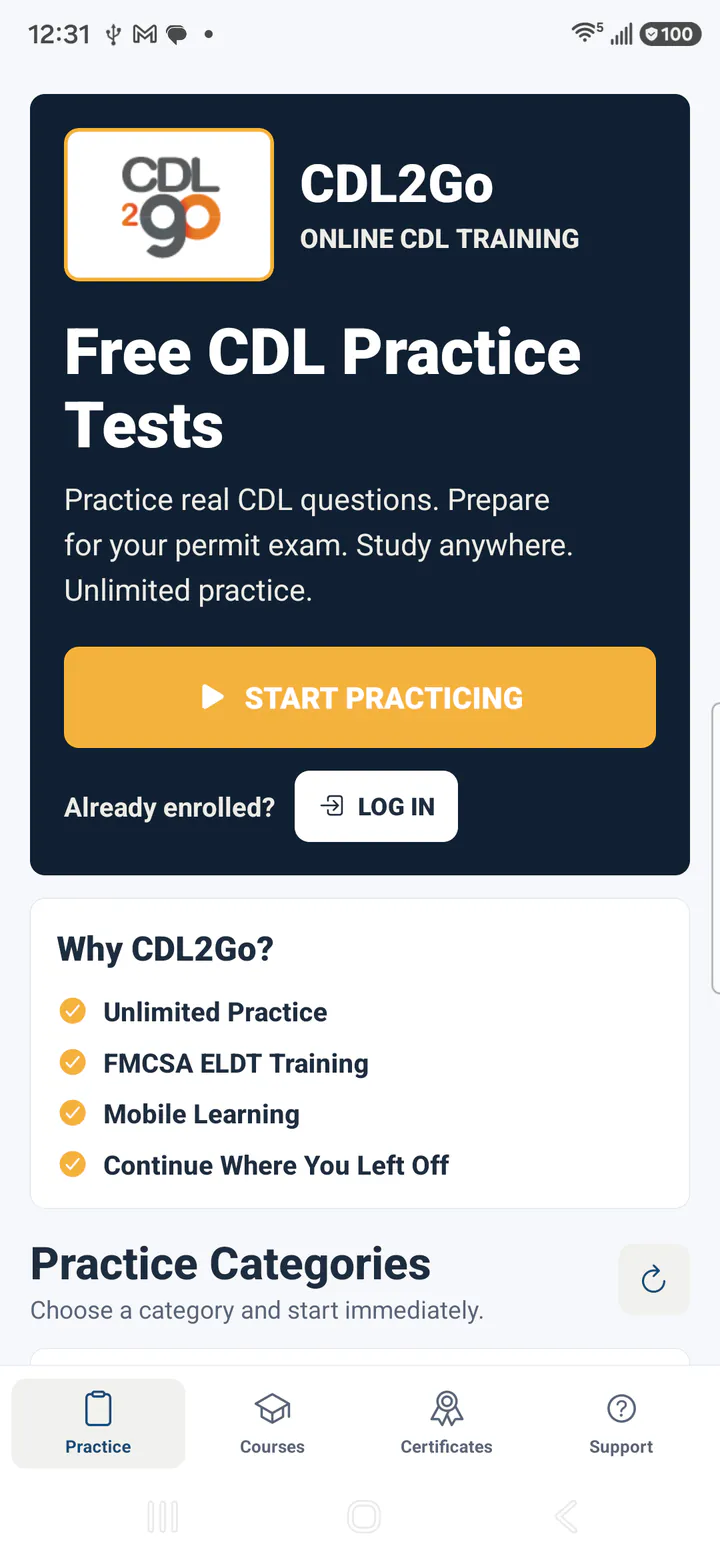 CDL2Go mobile app home dashboard with practice training options