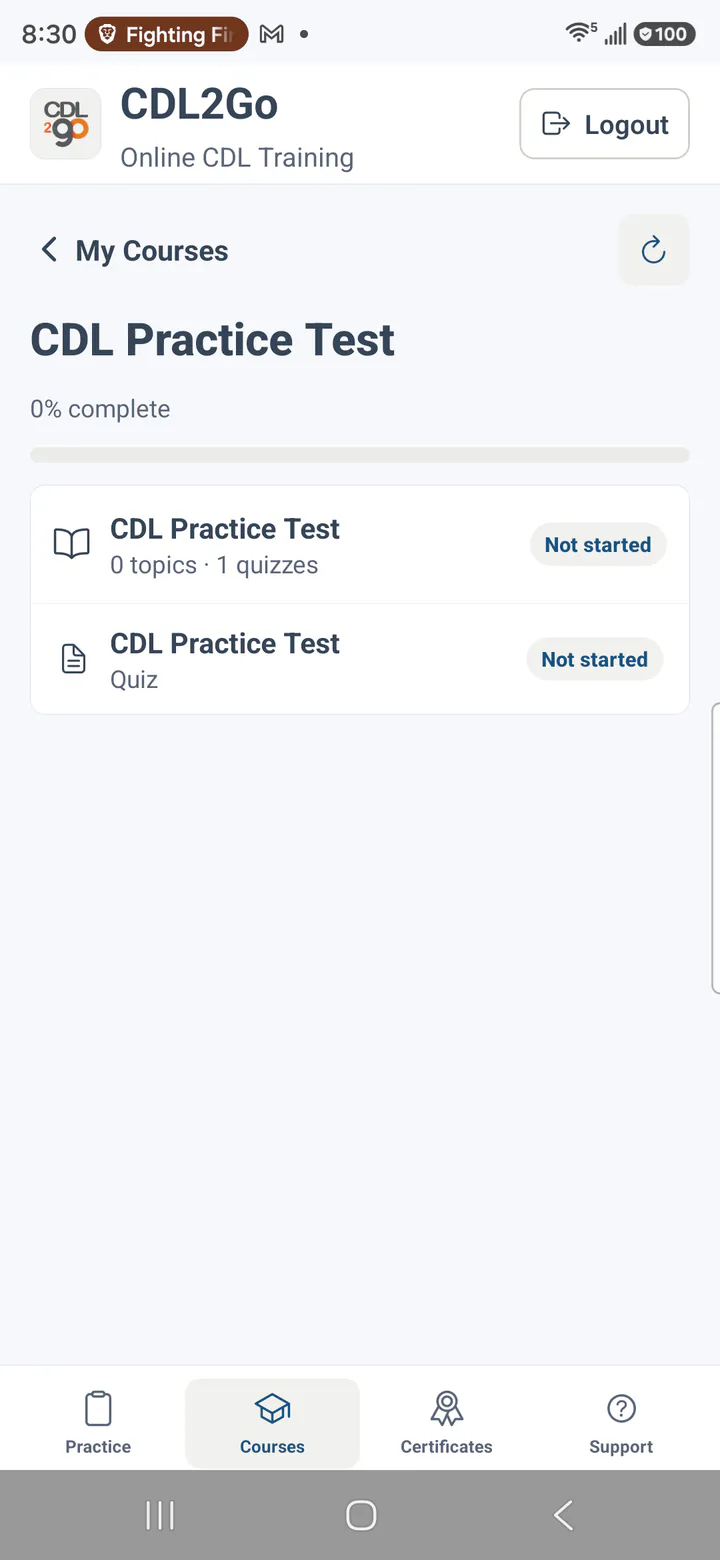 CDL2Go mobile app course outline with lesson and quiz activities
