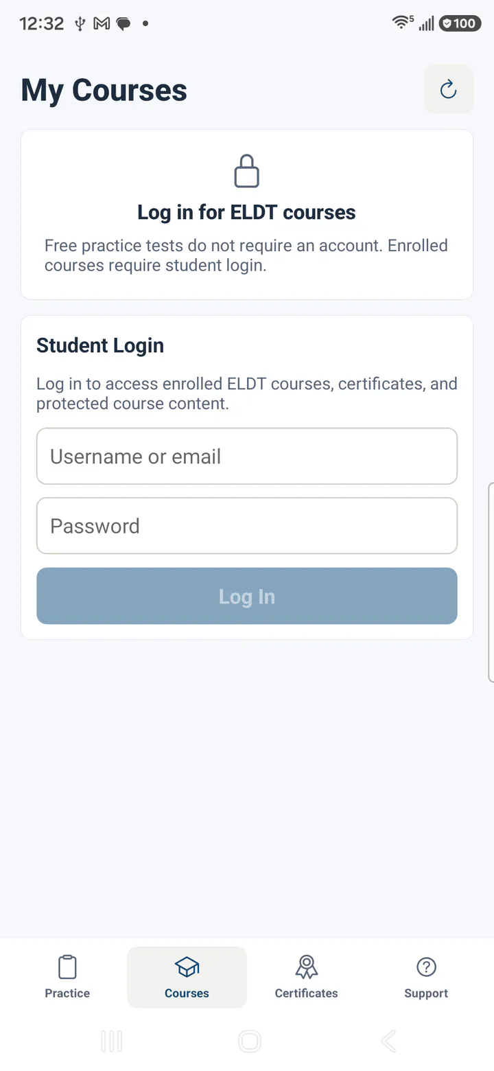 CDL2Go mobile app student login screen