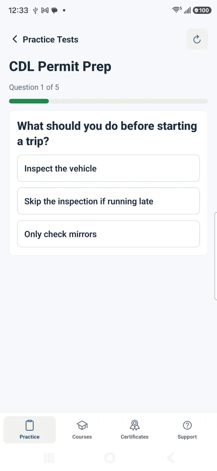 CDL2Go mobile app practice quiz question